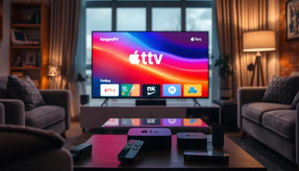 Step-by-step guide showing the 10 easy steps to install KangarooIPTV on Apple TV, with visuals of the app interface and setup process