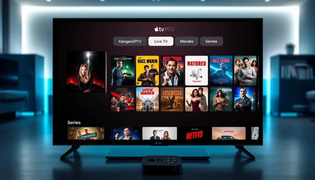 Step-by-step guide showing the 10 easy steps to install KangarooIPTV on Apple TV, with visuals of the app interface and setup process